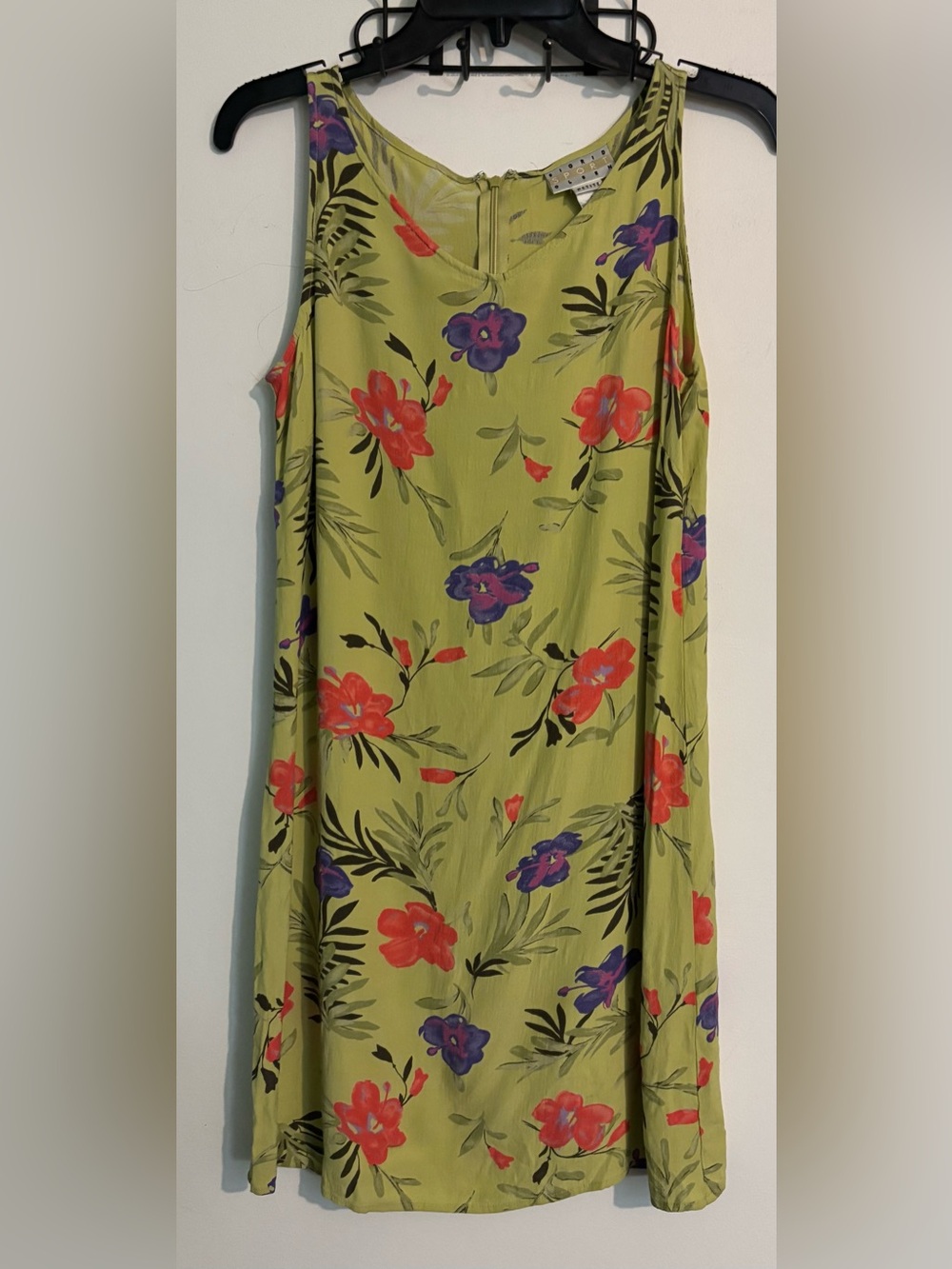 Y2K Sigrid Olsen Sport 6P Knee Length Slight Flare Dress Green Floral V-neck